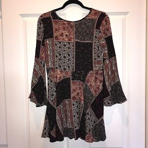 AEO Boho Floral Patchwork Mini Dress Bell Sleeves